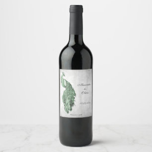 Emerald Green Peacock Wedding Wine Label