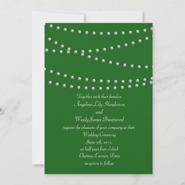 Emerald Green Pearls Wedding Invitation (Front)
