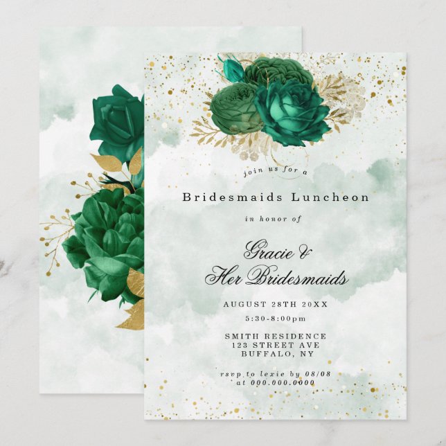 Emerald Green Peony Bridesmaids Luncheon Invite (Front/Back)