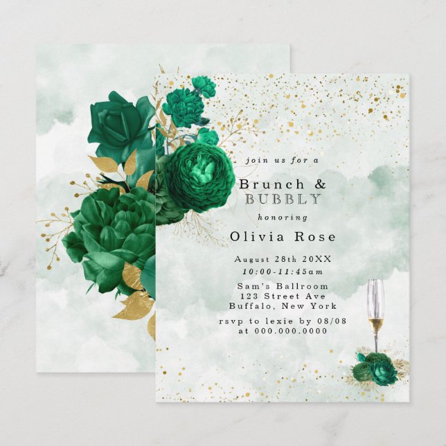 Emerald Green Peony Gold Brunch & Bubbly Invite (Front/Back)