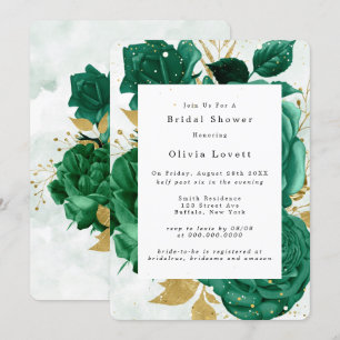 Emerald Green Peony Gold Glitter Bridal Shower Invitation