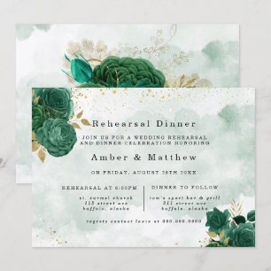 Emerald Green Peony Gold Glitter Rehearsal Dinner Invitation
