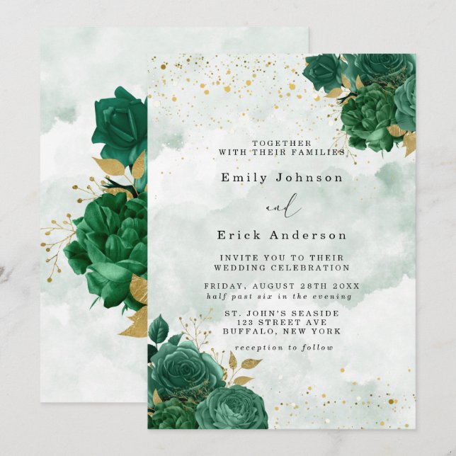 Emerald Green Peony Gold Glitter Wedding Invitation (Front/Back)