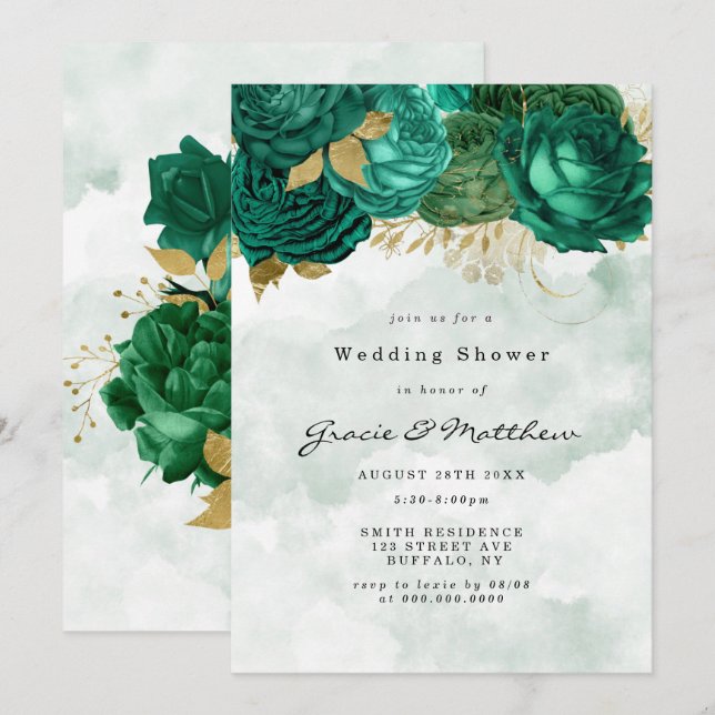 Emerald Green Peony Gold Wedding Shower Invites  (Front/Back)