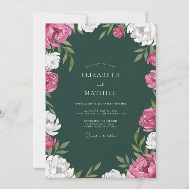 Emerald Green Peony Watercolor Wedding Invitation (Front)