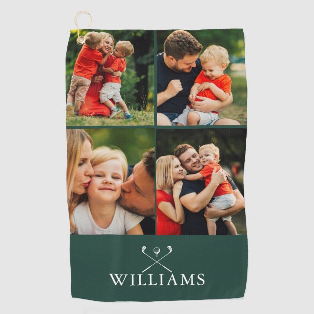 Emerald Green Personalised Name Photo Collage Golf Towel (Front)