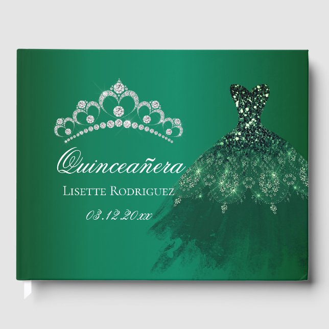 Emerald Green Personalised Quinceanera Guest Book (Front)