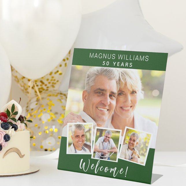 Emerald green photo collage birthday party welcome pedestal sign (Creator Uploaded)