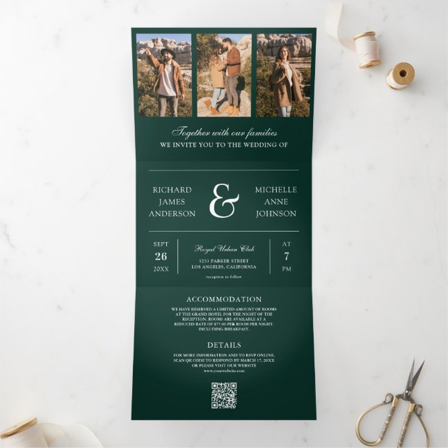 Emerald Green Photo Collage QR Code Wedding Tri-Fold Invitation (Inside)