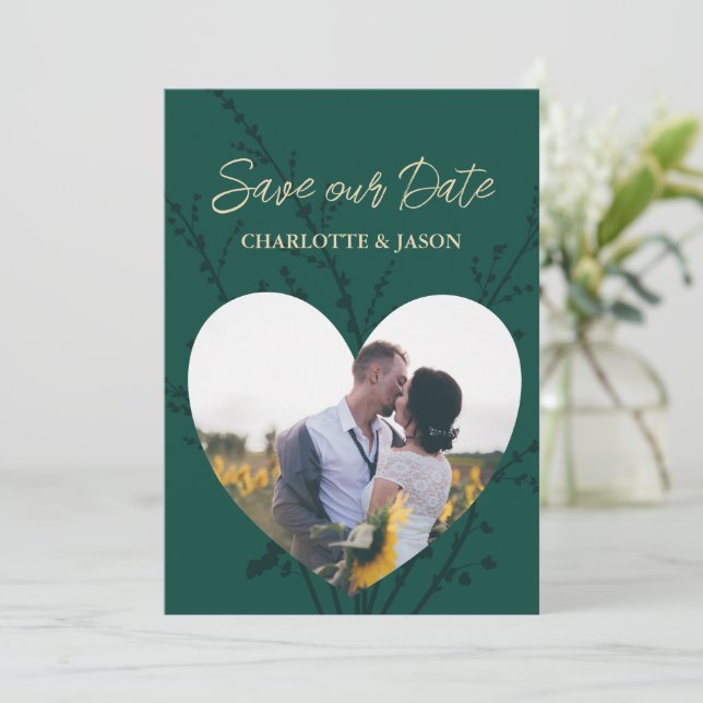 Emerald Green Photo Heart Frame Save The Date    Invitation (Standing Front)