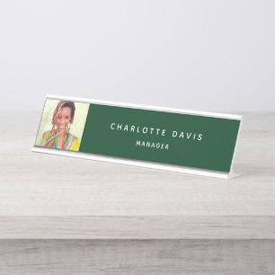 Emerald green photo monogram modern simple desk name plate