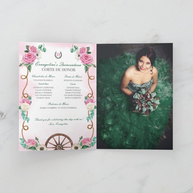 Emerald Green Pink Charro Quinceanera Add Photo Invitation (Inside)