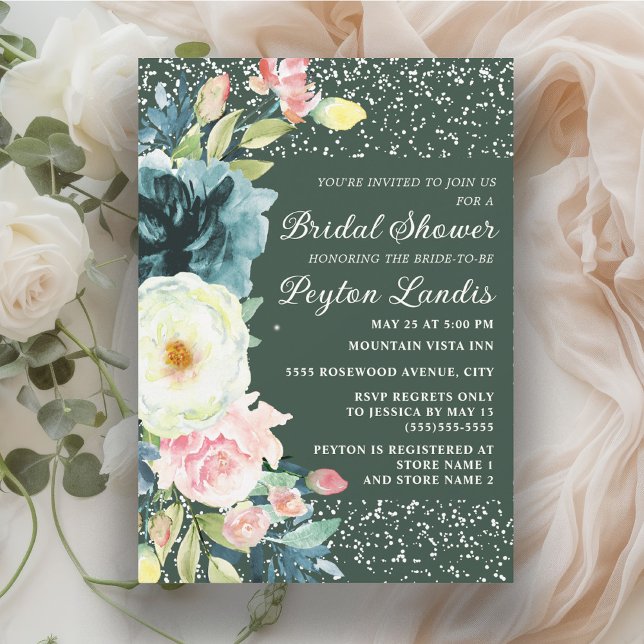 Emerald Green Pink Cream Floral Bridal Shower Invitation (Emerald green bridal shower invitation with blush pink and cream-colored floral)