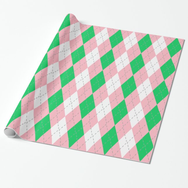Emerald Green Pink Dk Grey Wht XL Argyle Wrapping Paper (Unrolled)