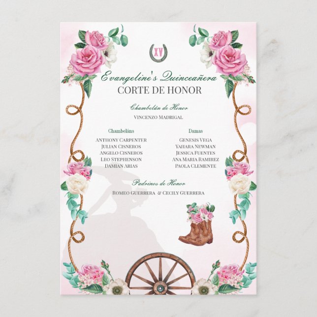 Emerald Green & Pink Floral Charro Quinceanera Enclosure Card (Front)