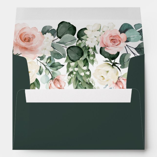 Emerald Green Pink Floral Rose Watercolor Wedding Envelope (Back (Bottom))