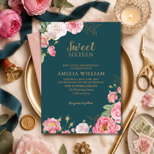 Emerald Green Pink Floral Sweet 16 Birthday Invitation