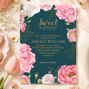 Emerald Green Pink Floral Sweet 16 Birthday Invitation