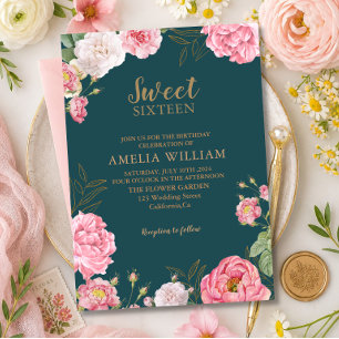 Emerald Green Pink Floral Sweet 16 Birthday Invitation