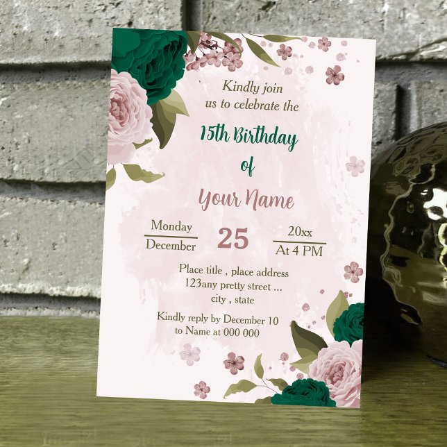 emerald green pink flowers botanical birthday invitation (Creator Uploaded)