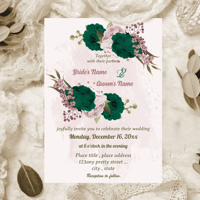 emerald green pink flowers botanical wedding invitation (Creator Uploaded)