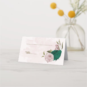 emerald green pink flowers botanical wedding place card