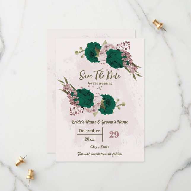emerald green pink flowers botanical wedding save the date (Front/Back In Situ)