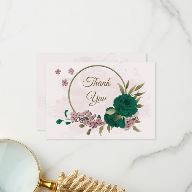 emerald green pink flowers botanical wedding thank you card (Front/Back In Situ)