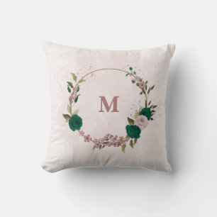 emerald green pink flowers cushion