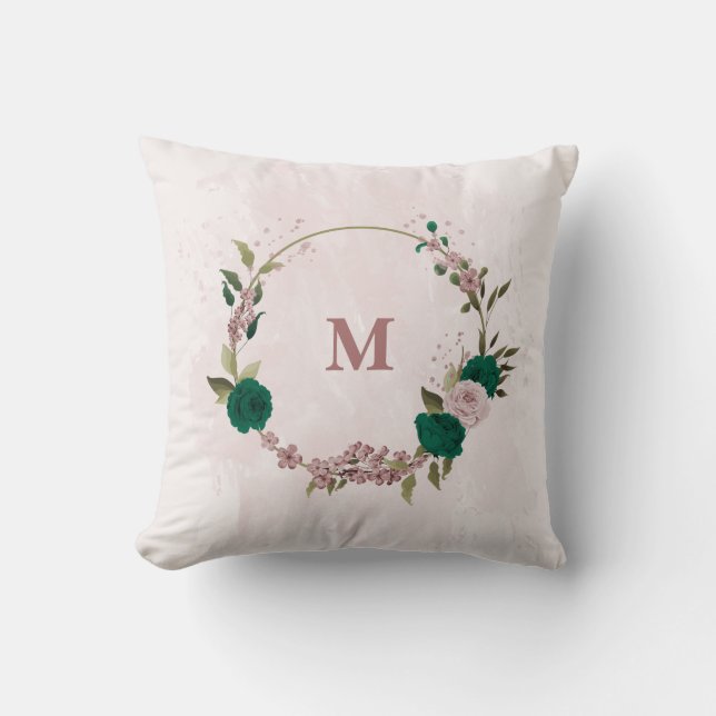 emerald green pink flowers  cushion (Front)