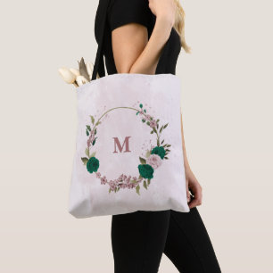 emerald green pink flowers tote bag