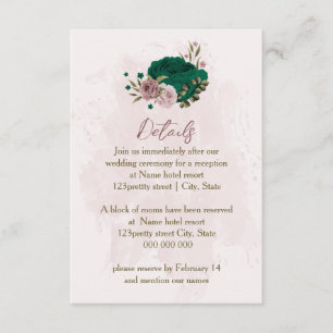 emerald green pink flowers wedding details enclosure card