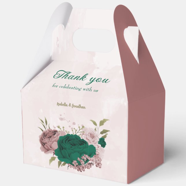 emerald green pink flowers wedding  favour box (Front)
