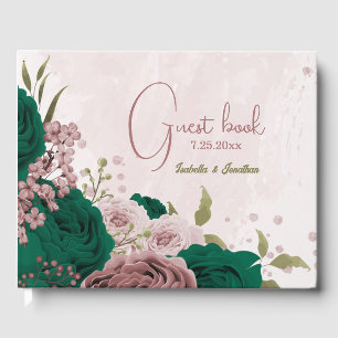 emerald green pink flowers wedding guest book