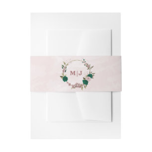 emerald green pink flowers wedding invitation belly band