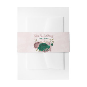 emerald green pink flowers wedding invitation belly band
