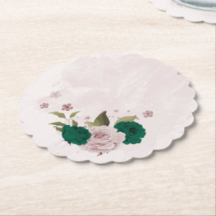 emerald green pink flowers wedding paper coaster