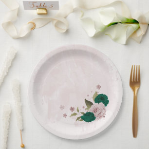 emerald green pink flowers wedding paper plate