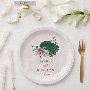 emerald green pink flowers wedding paper plate