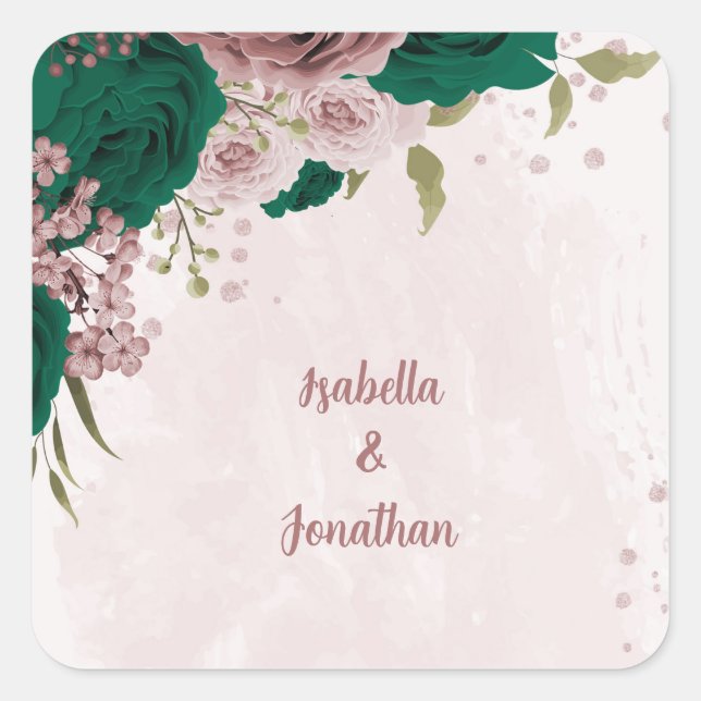 emerald green pink flowers wedding square sticker (Front)