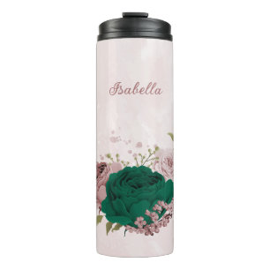 emerald green pink flowers wedding thermal tumbler