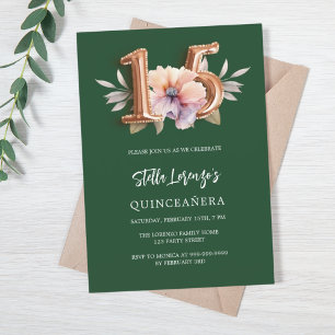 Emerald green pink peach floral Quinceanera Invitation