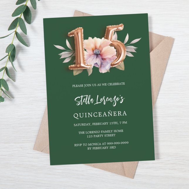 Emerald green pink peach floral Quinceanera luxury Invitation (Creator Uploaded)