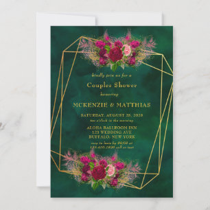 Emerald Green Pink Peony Roses Couples Shower Invitation