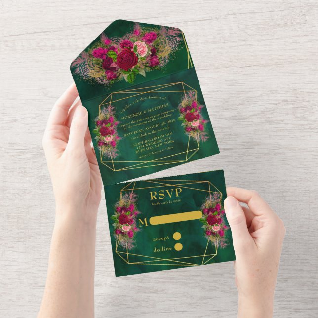Emerald Green Pink Peony Roses Wedding All In One Invitation (Tearaway)