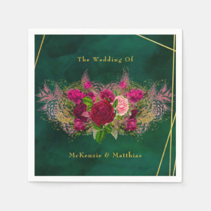 Emerald Green Pink Peony Roses Wedding Napkin