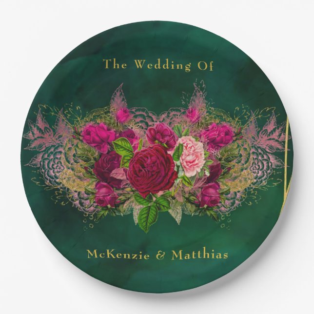 Emerald Green Pink Peony Roses Wedding Paper Plate (Front)