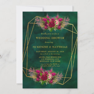 Emerald Green Pink Peony Roses Wedding Shower Invitation