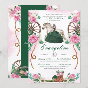 Emerald Green Pink Rose Charro Western Quinceanera Invitation