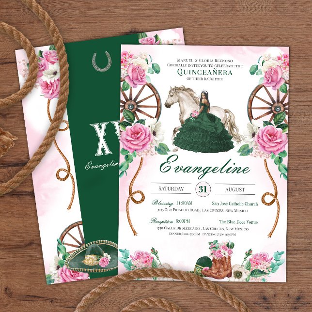 Emerald Green Pink Rose Charro Western Quinceañera Invitation (Creator Uploaded)